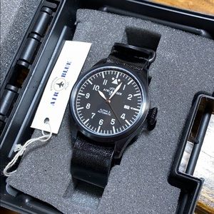 Air Blue Automatic Pilots Watch Black Leather